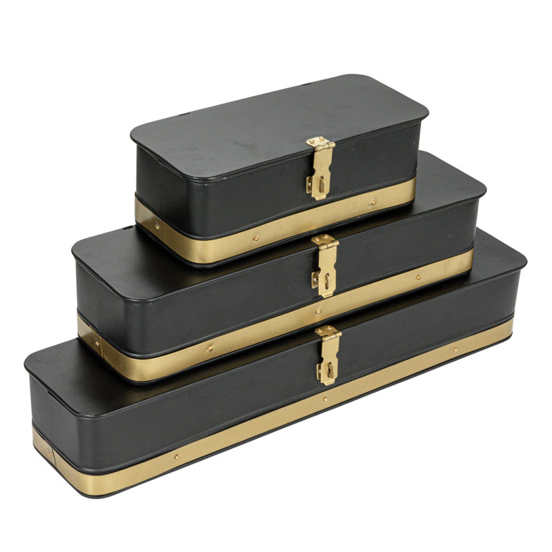 Lesli Long Decorative Metal Boxes with Lid, Black/Gold