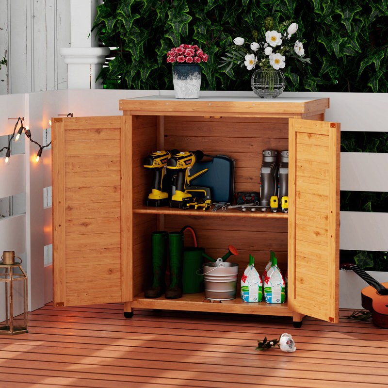 Potting Bench with Storage Cabinet and Metal Table Top for Outdoor Patio,Outdoor Work Station Table, 36" H x 31" W x 18" D