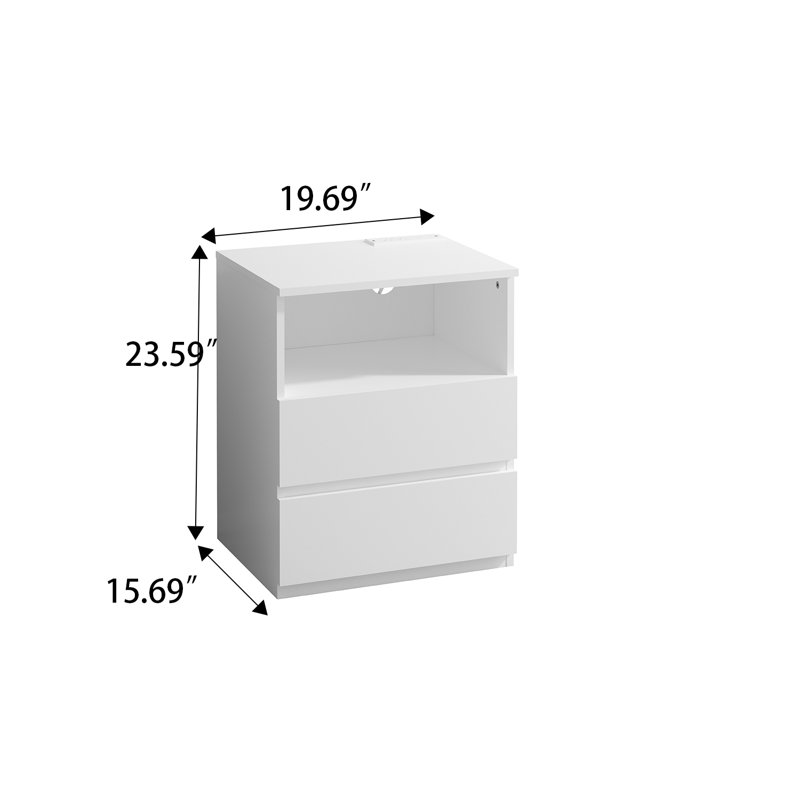 Table de chevet moderne avec station de charge et 2 tiroirs, Blanc