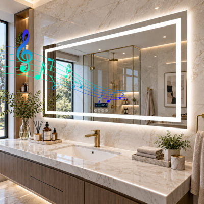 63" Large LED Bathroom Mirror with Lights, Bluetooth Speaker, Smart Time & Date Display, Anti-Fog, 3-Color Dimmable