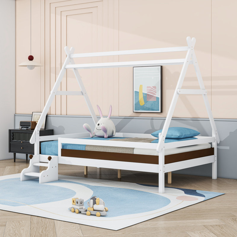 Wooden House Platform Bed With Stairs, Guardrails And Sturdy Slats, Full, White