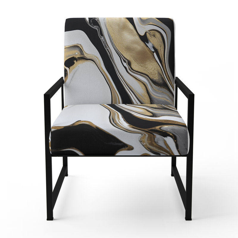 Smooth Grooves Black And Liquid Gold Marble Art - Upholstered Contemporary Arm Chair, Gold Accent Chair, Black