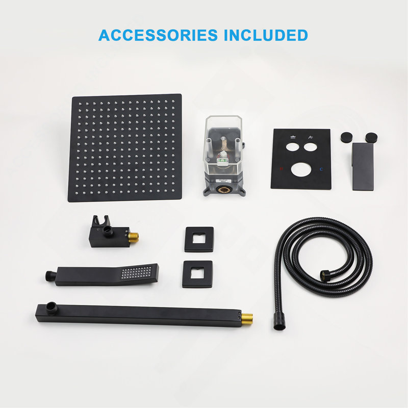 Dual Shower Head - 12 Inch Wall Mounted Square Shower System with Rough-in Valve, Matte black