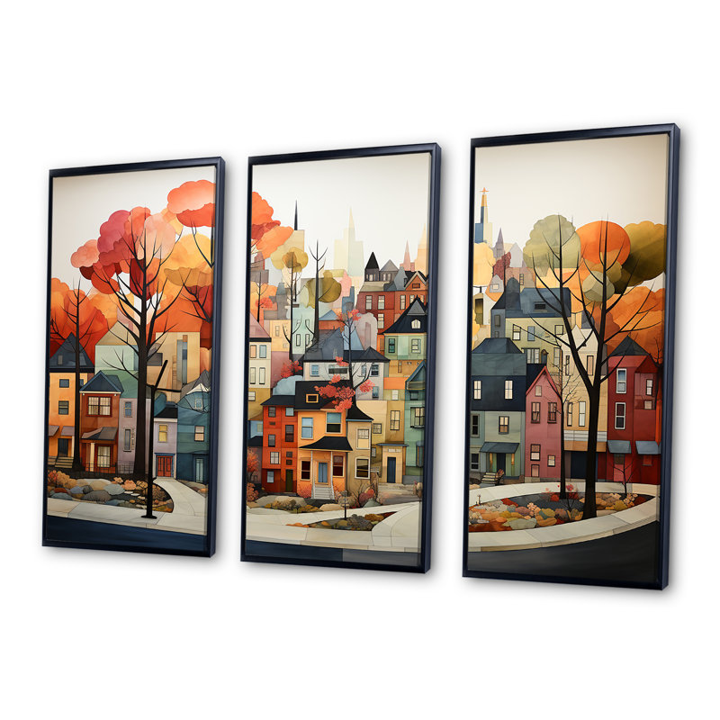 «Autumn Vintage Orange Village - City New York», art mural, Cadre flottant noir, H 40 po x l 60 po x P 1 po