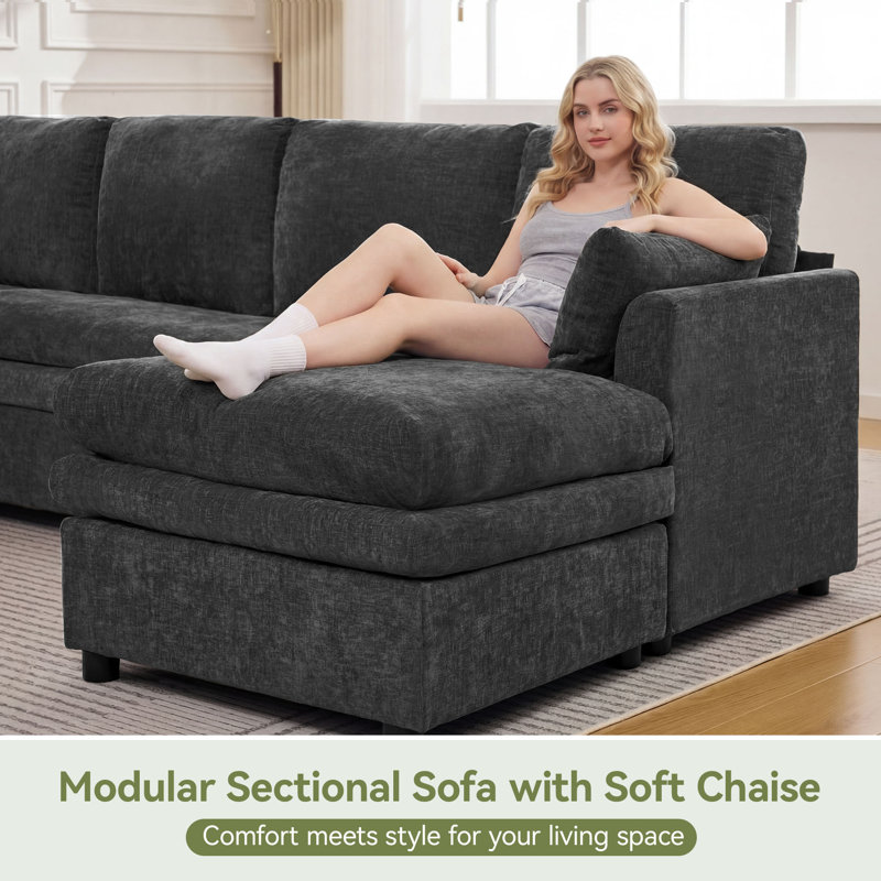  Modular Sectional Sofa with Chaise Lounge, Comfy Deep Dual-Layer Cushion Couch, 6 Seater Left&Right Chaise Couch, Grey
