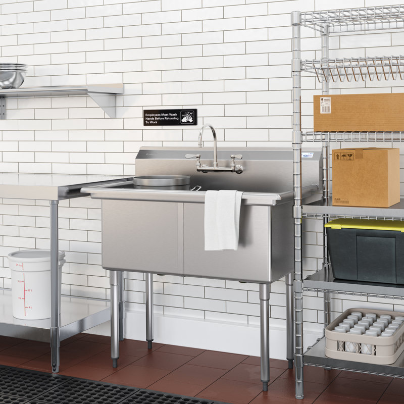 Évier commercial 42 pouces à 2 compartiments de calibre 18 avec dosseret, dimensions de la cuve: 18 po x 18 po x 14 po en acier inoxydable (km-SB181814-N3)