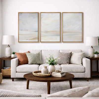 Minimal Landscape "Muted Serene Coastal Beach Artwork, Modern Abstract Neutral Wall Pictures, Large Framed Canvas Giclee Print 3 Pieces Wall Art"