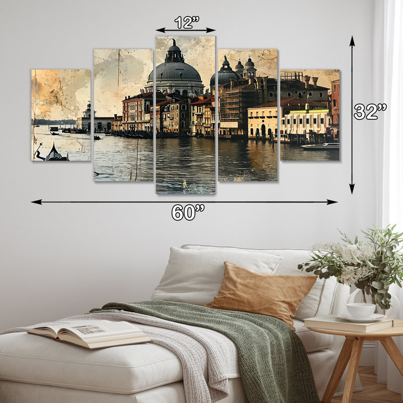 Gondole vintage de Venise sur le Grand Canal - ensemble d'art mural de Venise, 5 pièces, H 32 po x l 60 po