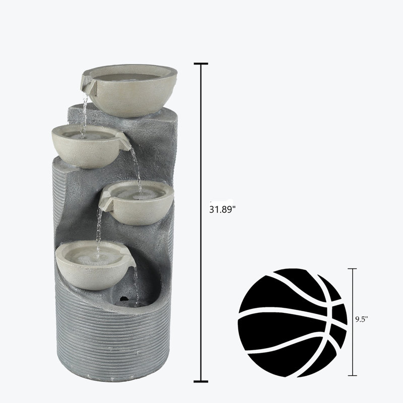 31.9'' H Modern Gray Hand Crafted Weather Resistant Outdoor Floor Fountain with Lights