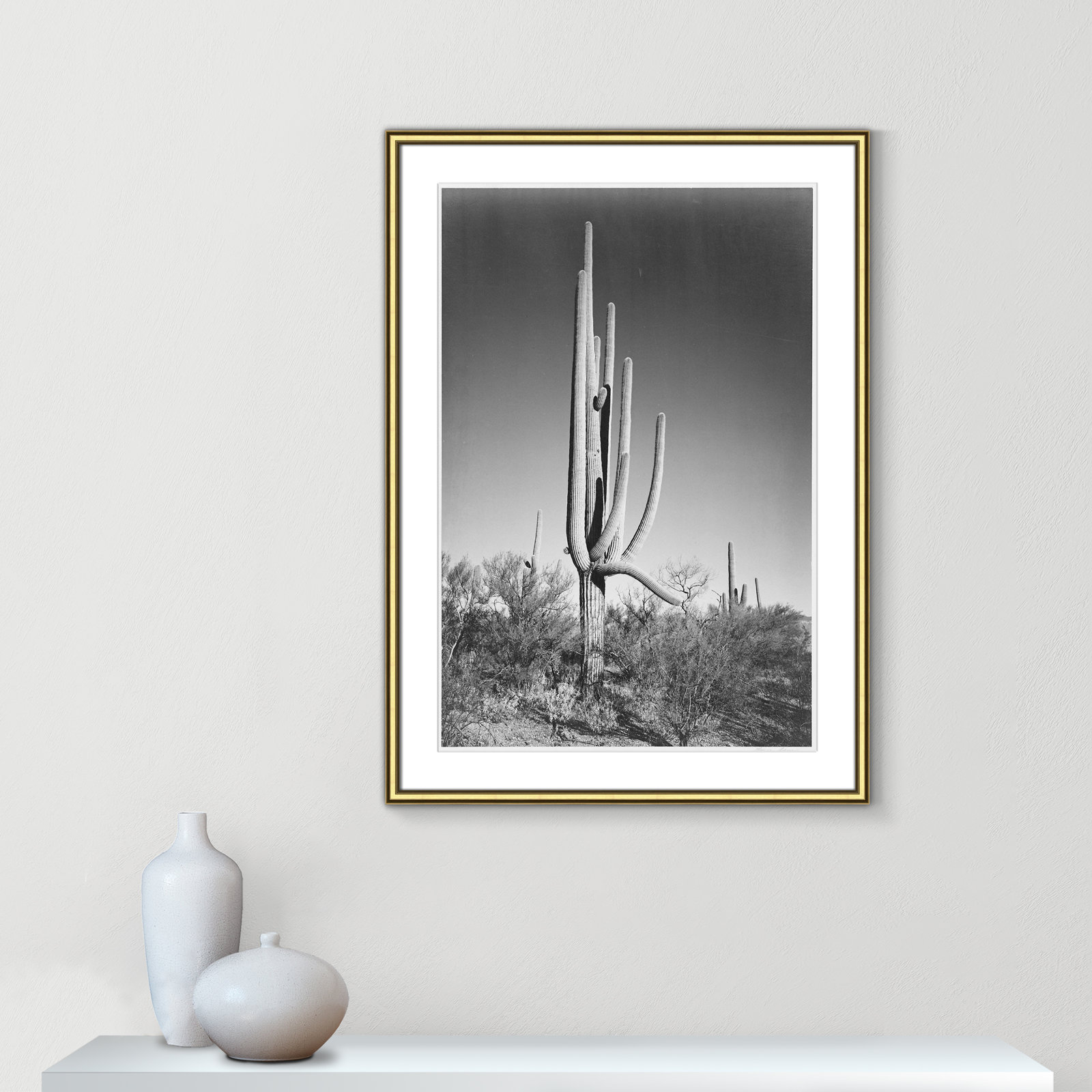 Cactus In Saguaro National Monument In Arizona by Ansel Adams, Gold , 36.75" H x 26.75" W x 0.88" D