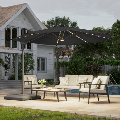 11' Offset Patio Umbrella with Easy Pedal 360-Degree Swivel, Solar Powered LED Strip Lights and Fade Resistant Canopy with Base, Black