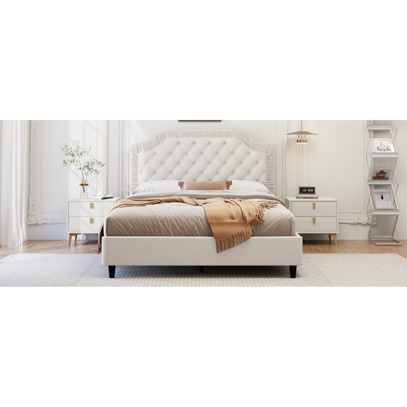 Lit très grand sans sommier avec tête de lit - Velours huilé - Tissu revêtu de tissu blanc retenant la forme, Blanc