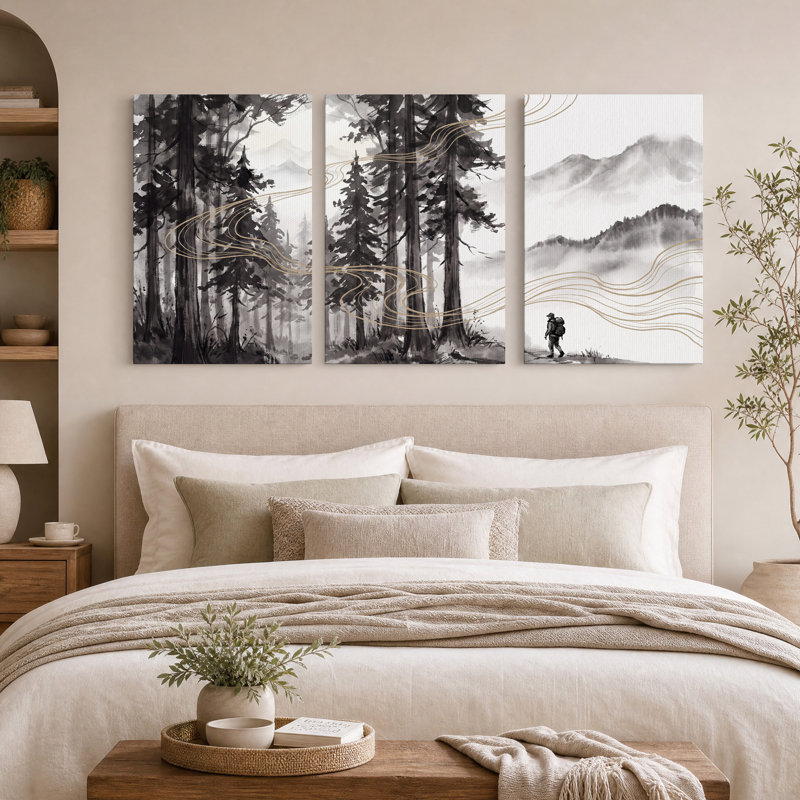 Forêt de montagne brumeuse avec randonneur et lignes dorées - Ensemble de 3 toiles murales, 24"H x 16"W x 3pcs