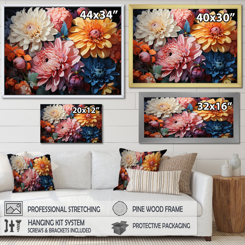 «Mums Mums In Bloom II», reproduction d'art sur toile, Cadre flottant doré, H 16 po x l 32 po x P 1 po