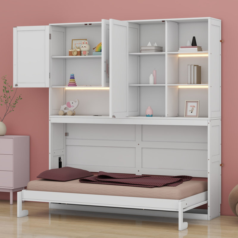 Lit escamotable simple avec armoire supérieure, tablettes, ports USB et lumière, blanc