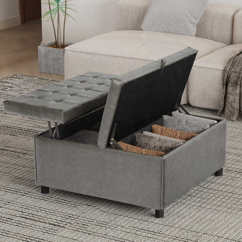 35.5 Inch Large Square Storage Ottoman, Gray