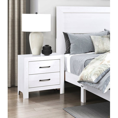 Modern White Finish 1Pc Nightstand Of 2X Drawers Black Hardware Wooden Bedroom Furniture
