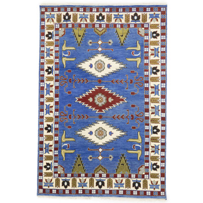 Blue Geometric 6X9 Handmade Kazak Oriental Rug