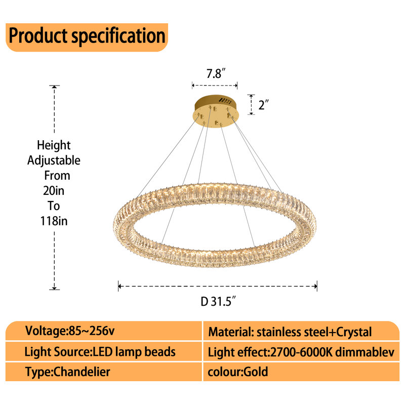 Rikie Modern 31.5In Gold Round Crystal Chandelier Dimmable LED Ring Pendant Light  for Dining Room 