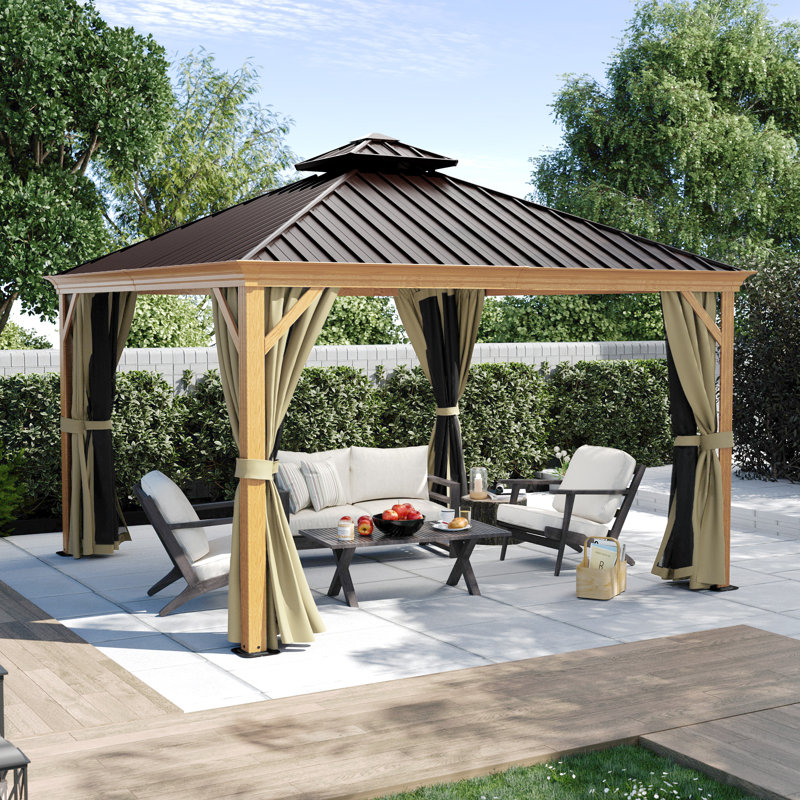 Aluminum Patio Gazebo, Natural Wood Grain, Dark Brown, 12' W x 12' D