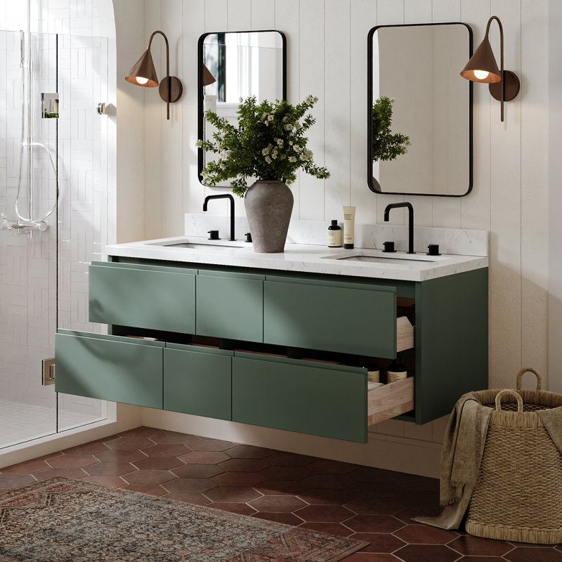   Ensemble de meuble-lavabo double rectangulaire 60 po avec comptoir à quartz blanc Carrara, ensembles de 60 pouces Ensembles
