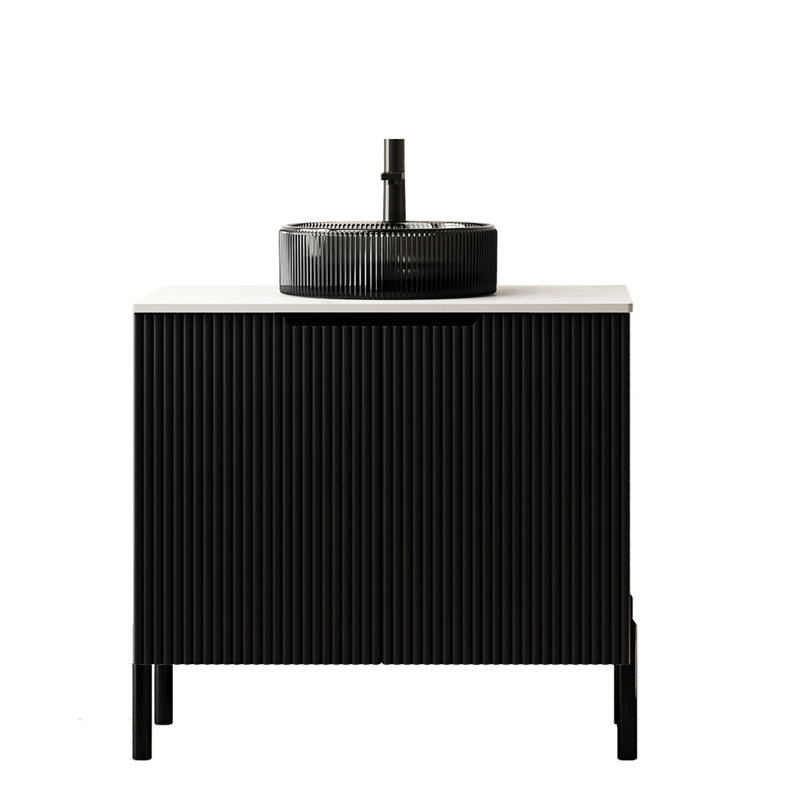 Meuble-lavabo rond transparent en verre noir transparent, surface en pierre frittée blanche, 2 portes, système de fermeture en douceur, design contemporain, meuble-lavabo sans robinet de 30 po avec lavabo, armoire autoportante à 2 portes,