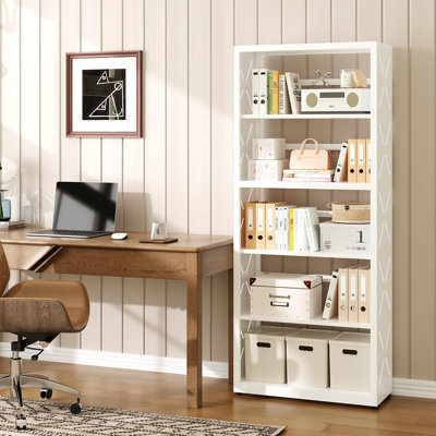 5 Tier Bookcase, Metal Bookcase with 4 Adjustable Shelves, White Display Storage Shelves for Home Office, Living Room