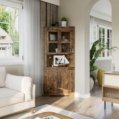 Tall Corner Cabinet, Farmhouse Corner Storage Cabinet with Glass Door & Adjustable Shelves