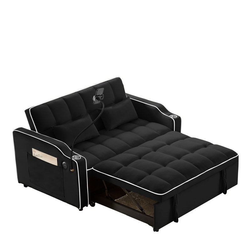 Lit à dossier réglable moderne en noir avec cendrier, support pour téléphone et 2 coussins décoratifs pliables, port, support confortable