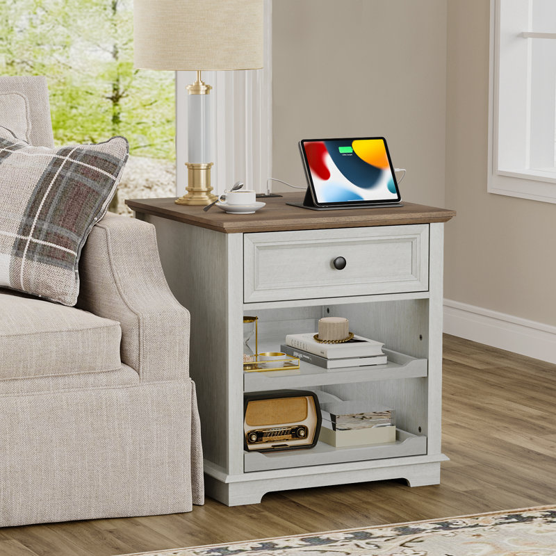 Monrovia 1 - Drawer Tray End Tables With Storage and Built-In Outlets, Brown/White, 27" H x 24" W x 24" D
