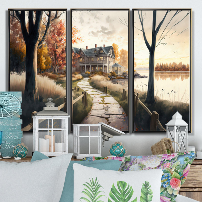 Charmante cabane et sentier I - 3 pièces sur toile, Cadre noir, H 28 po x l 36 po x P 1 po