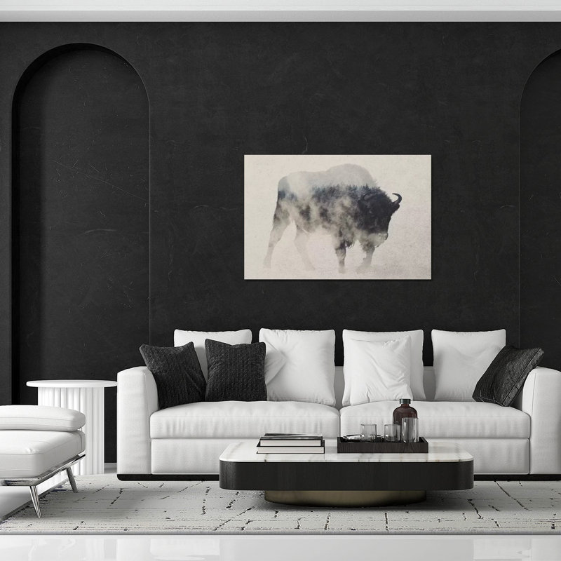 Bison dans le brouillard, impression sur verre acrylique, H 24 po x l 32 po x P 0,25 po