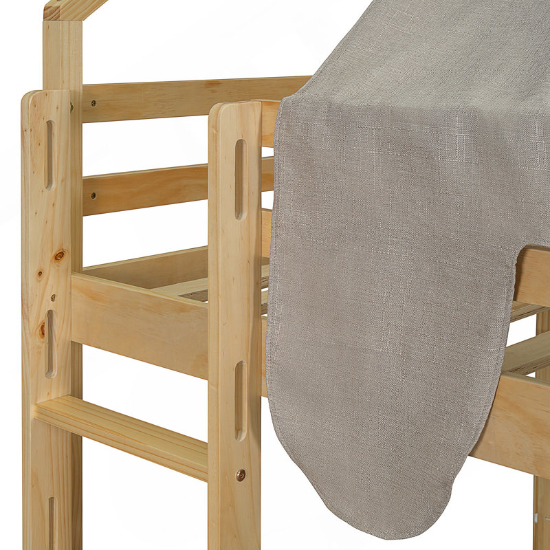 Wooden Loft Bed House-Shaped Frame With A Tent, Natural, Full