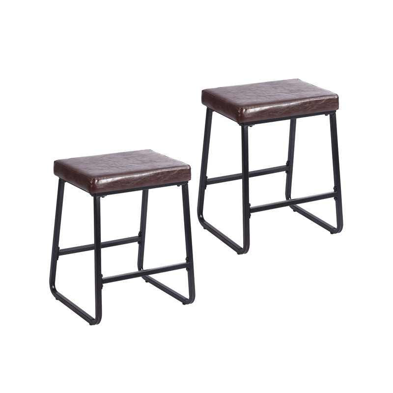 Ensemble de 2 tabourets de bar Ebern Designs Selma, cuir PU, pieds en fer, Brun