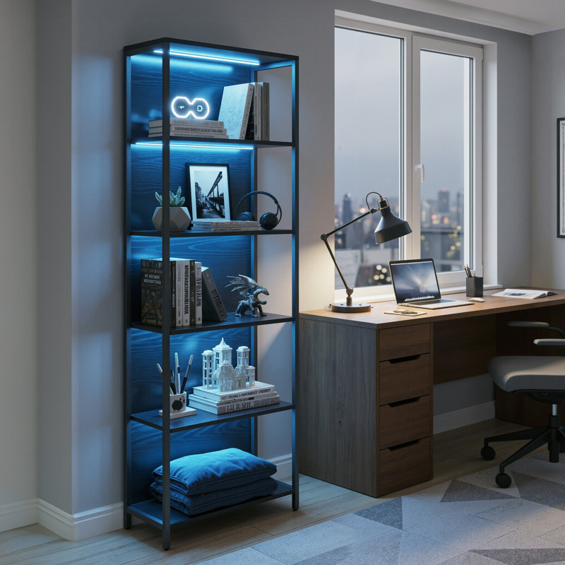 Lamirra Metal Frame Bookcase with Dimmable LED Lighting , (5 Shelves) 70" H x 24" W x 12" D