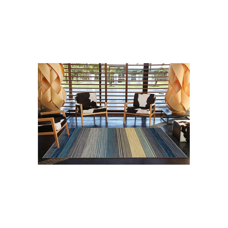 Tapis lavable à la machine à motif coloré bleu clair Line by Line et bleu clair, Rectangle 5 pi 1 po x 7 pi 7 po