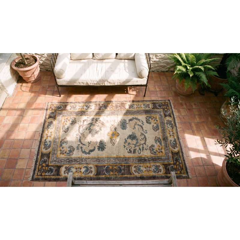 Antique Chinese - Tibetan Small Scatter Size Wool Ivory Rug