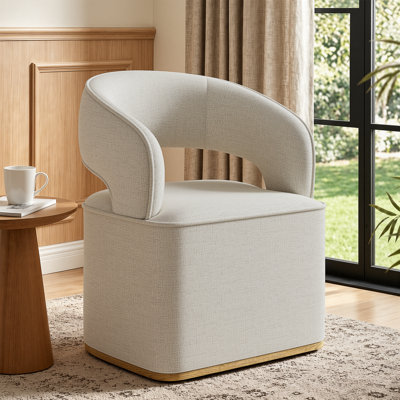 Modern Upholstered Swivel Dining Chair with Hidden Caster Wheels, Ergonomic Curved Barrel Armchair with Chenille Fabric & Wood Trim for Kitchen, Dining Room, Home Office & Vanity, 400 lbs Capacity, Oatmeal