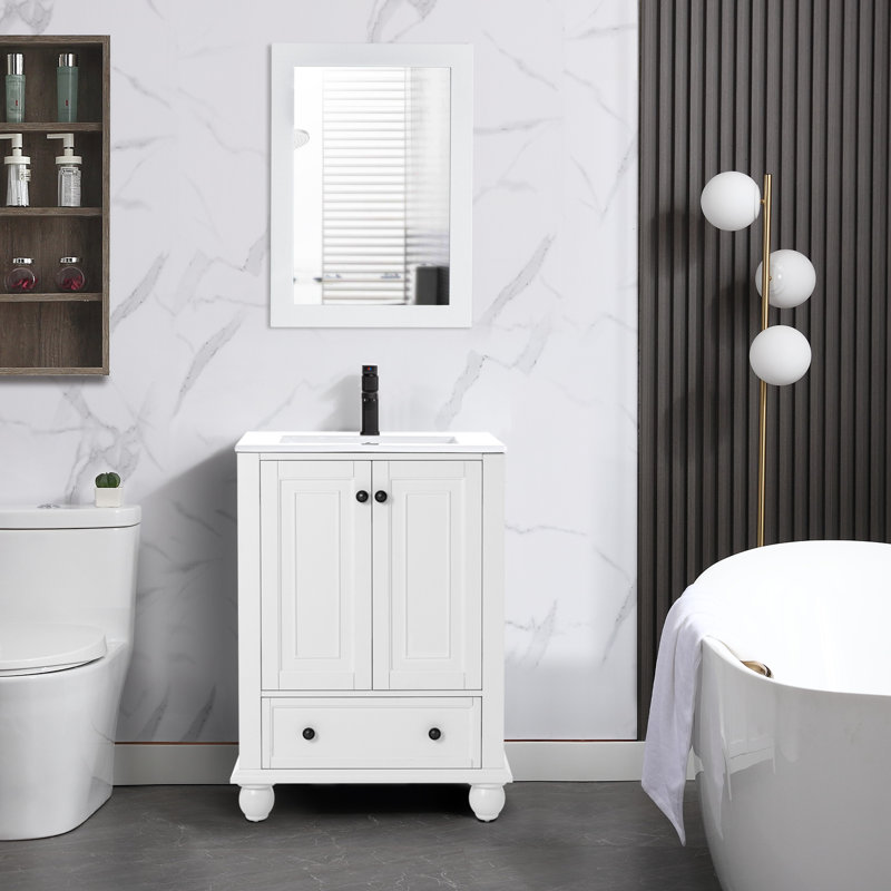 Ameetha 24" Single Bathroom Vanity with Sink Top, Solid Wood Bun Feet, White