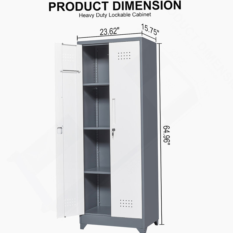 Broom Storage Cabinet With Locking Doors And Shelves, Metal Storage Cabinet With Hanging Rod And S-Hooks, Gray/White
