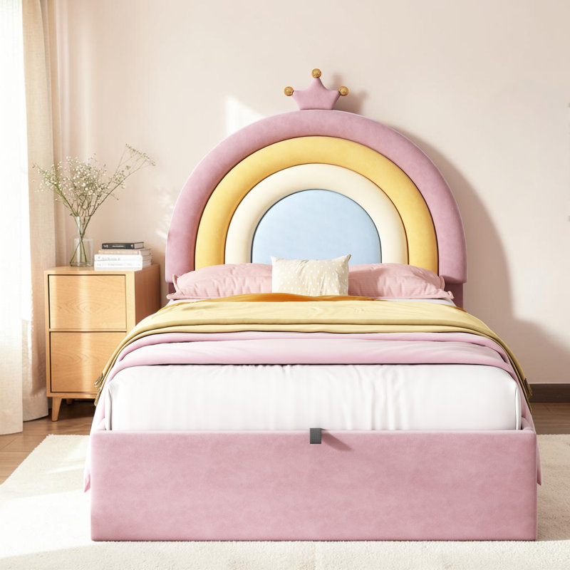 3ft Single Velvet Upholstered Bed Frame with Hydraulic Storage with Adjustable Rainbow Headboard