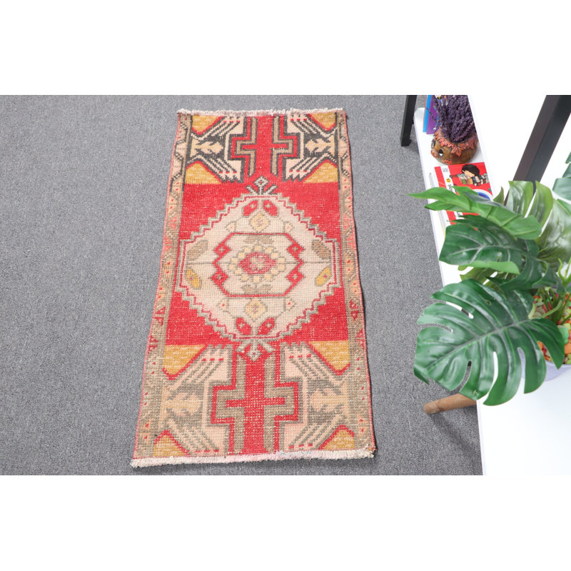 Small Red Turkish Oushak Vintage Wool Rug Ideal For Entry Or As Decorative Bath Mat With Boho Style