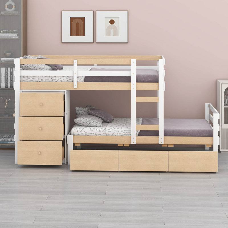 Twin Over Twin Loft Bunk Bed With 6 Drawers And Ladder, Wood Loft Bed Frame With Slats Support And Safety Rail, Natural