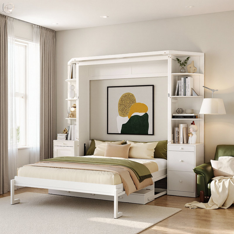 Grand lit escamotable VARELON avec bureau intégré, tablettes de rangement et armoires - Meuble peu encombrant pour bureau à domicile au fini blanc