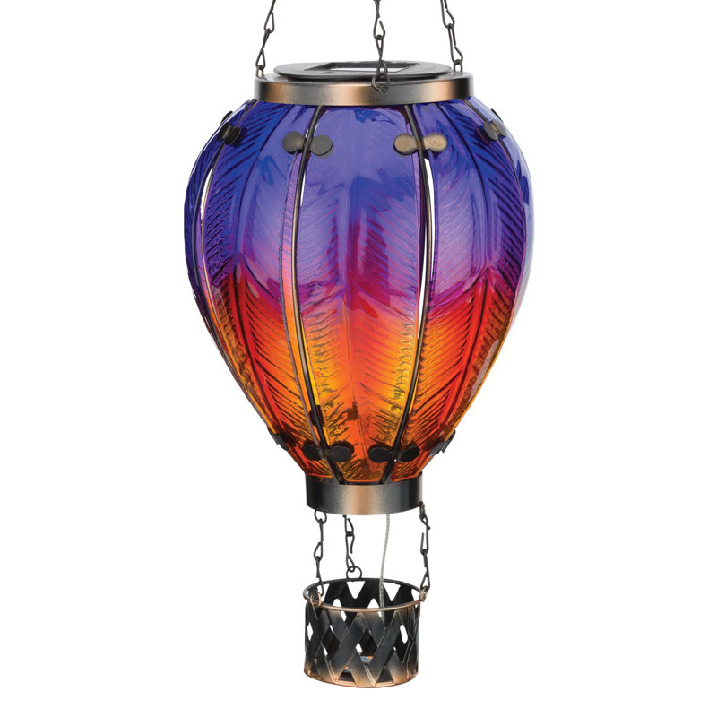 Lanterne ballon à air chaud solaire suspendue 23,5 "avec panneaux de verre et cadre en métal, Mauve
