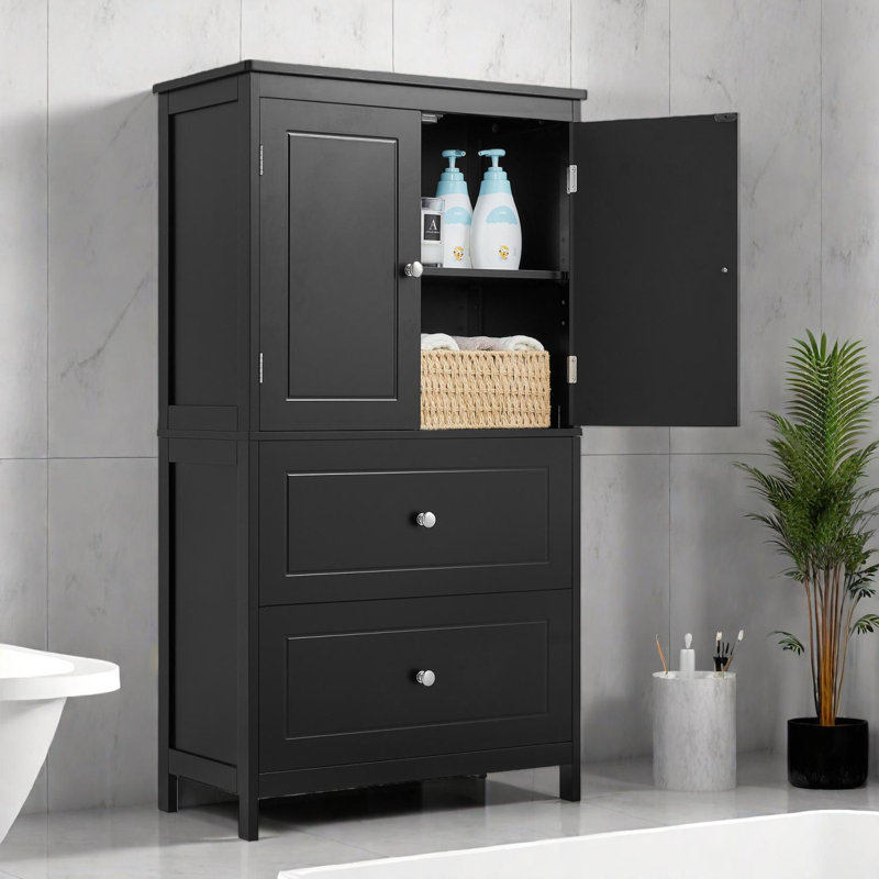 Armoire de rangement pour salle de bain avec deux portes, tiroirs et tablette réglable