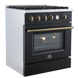 Marco 30-inch Gas Range Black or White & Antique Brass Design, 4 Burners 37,000 BTU, 4.32 cu.ft. Convection Oven with Built-In Temperature Gauge