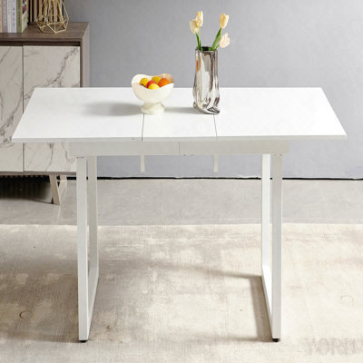 White Color, Square Extendable Dining Table With Metal Leg, Modern Space Saving Kitchen Table For Living Room (70.86" W X 31.5" D X 29.5" H)