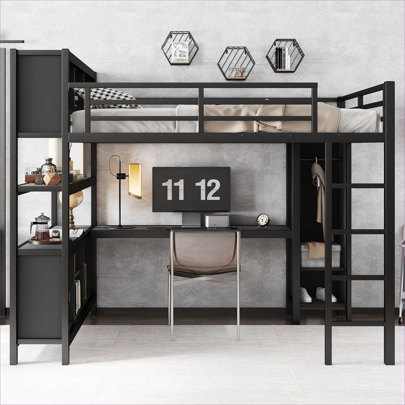 Lit mezzanine grand format Modern Silhouette avec garde-robe, bureau et rangement intégrés, métal noir mat