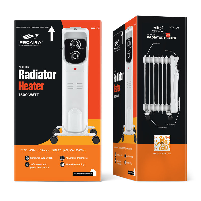 White Compact Radiant Heater with Thermostat and Safety Features